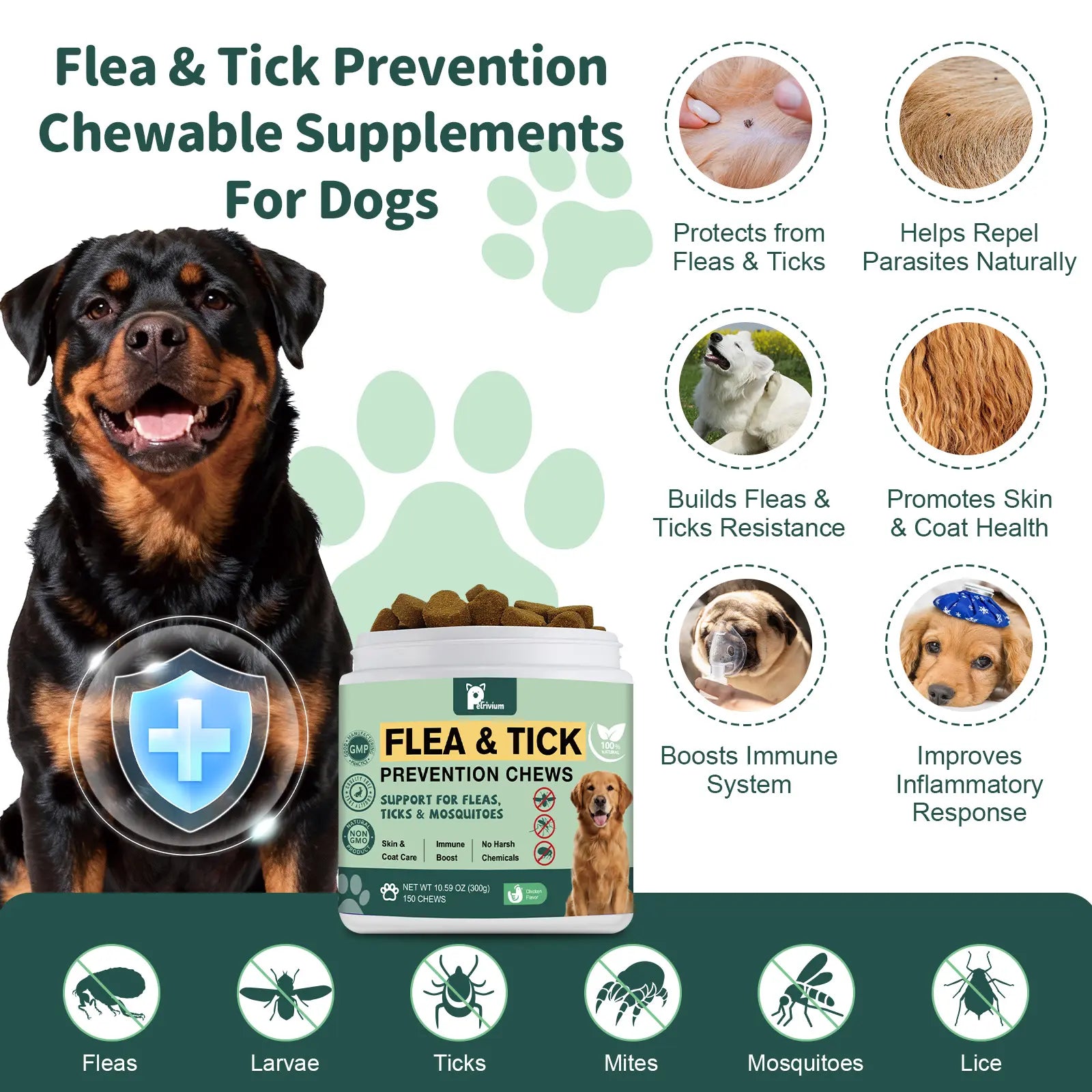 Petrivium 150Ct Dog Flea & Tick Support Soft Chews - Natural Chicken Flavor for All Breeds & Sizes