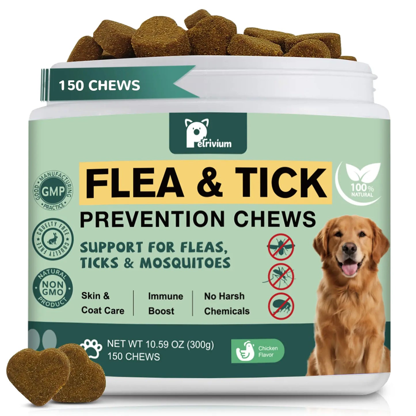 Petrivium 150Ct Dog Flea & Tick Support Soft Chews - Natural Chicken Flavor for All Breeds & Sizes