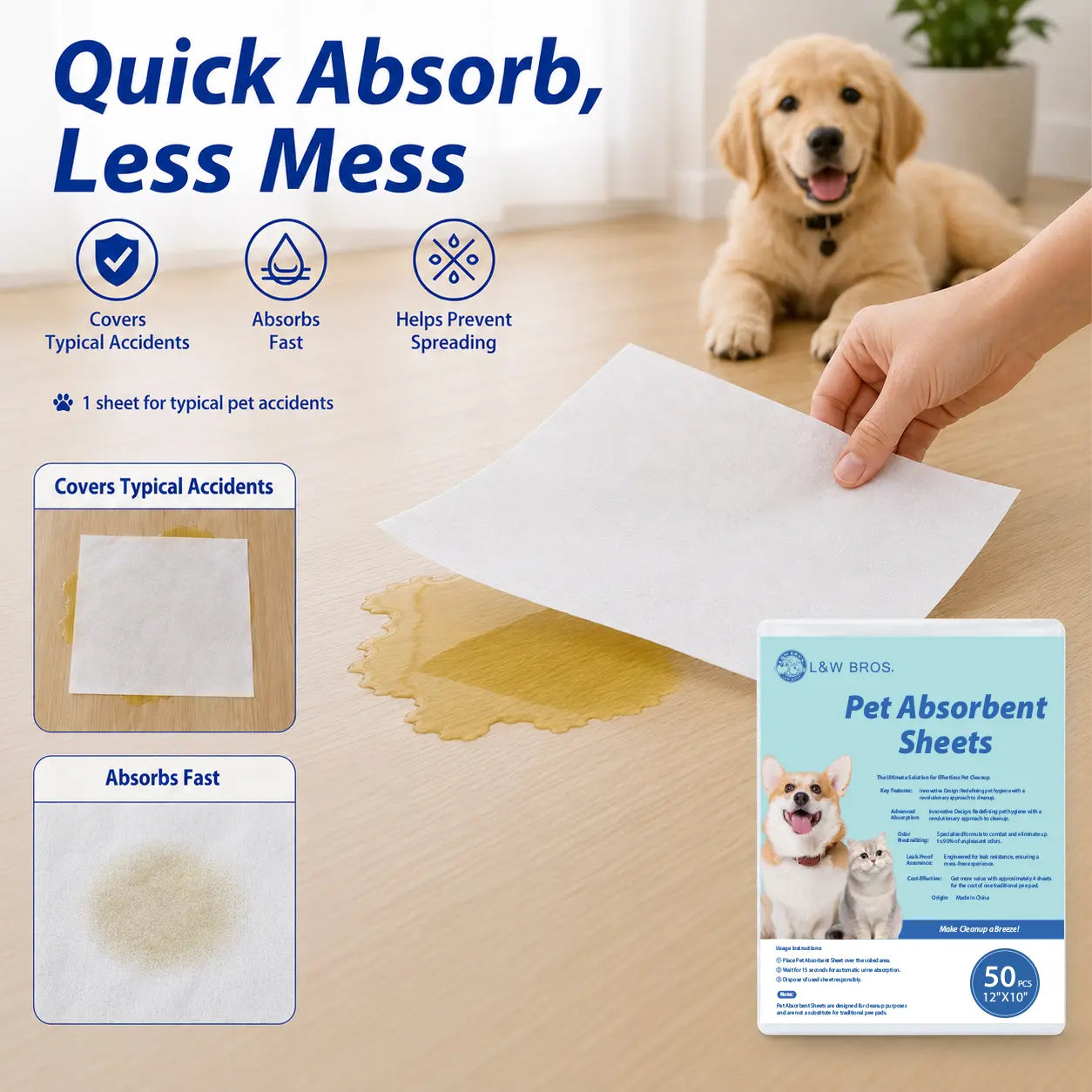 L&W BROS. Pet Absorbent Sheets, Emergency Dog Urine Cleanup Sheets for Hardwood Floors, Fast Liquid Lock & Odor Control