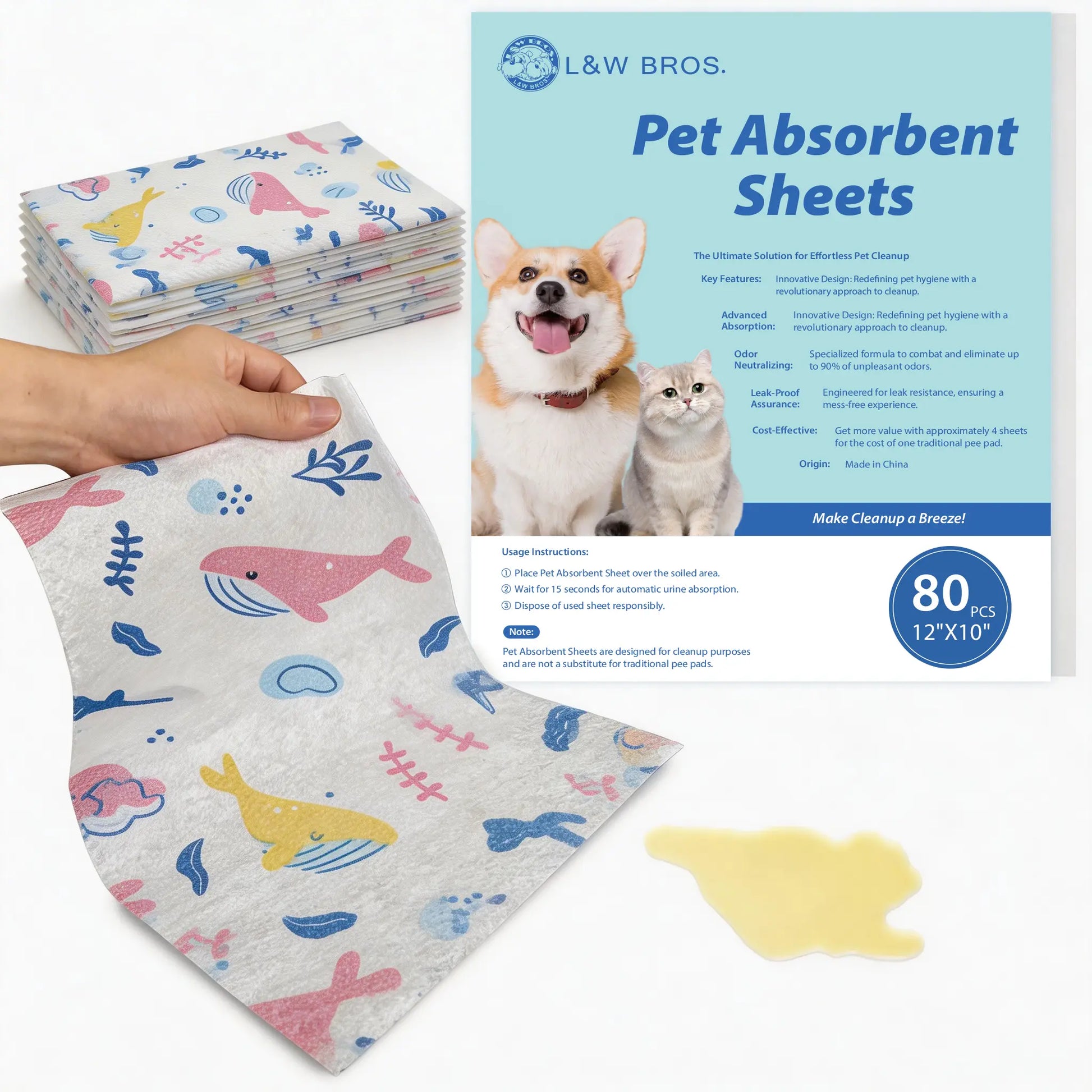 L&W BROS. Pet Absorbent Sheets, Emergency Dog Urine Cleanup Sheets for Hardwood Floors, Fast Liquid Lock & Odor Control