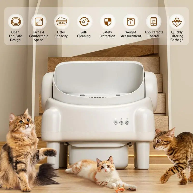 ECORUI Automatic Self-Cleaning Litter Box with App Control - Perfect for Multiple Cats, Safety Sensors, Cream White, Compact Design 16.5"x16.5