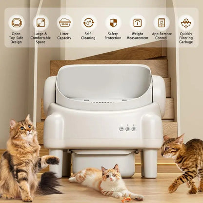 ECORUI Automatic Self-Cleaning Litter Box with App Control - Perfect for Multiple Cats, Safety Sensors, Cream White, Compact Design 16.5"x16.5