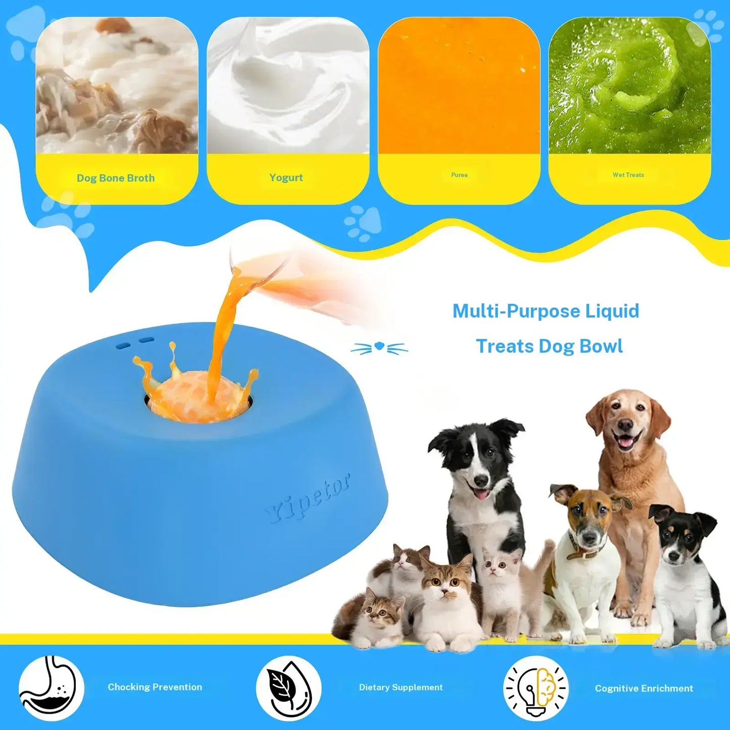 Yipetor Slow Feeder Dog Bowls for Liquid Treat, Free Gift, Buy 2 Get 1 [Built in Rolling Ball] No Spill Bone Broth Dog Licking Bowl, Multi Purpose Puppy Yogurt Feeder Bowl for All Breeds Dietary Supplement/Post Op Nutrition Feeding