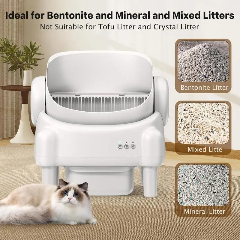 ECORUI Automatic Self-Cleaning Litter Box with App Control - Perfect for Multiple Cats, Safety Sensors, Cream White, Compact Design 16.5"x16.5